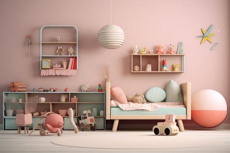 Generative AI Children Bedroom Interior. Child Furniture and Toys. Vector illustrationの素材