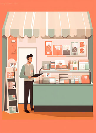 Generative AI Butchery Store Keeper Stand at Local Meat Product. Butcher Grocery Retail Business Supermarket Owner sell Organic Farm Pork Meat. Protein Salesman Farmer Flat Vector Cartoon Illustrationの素材