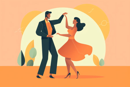 Generative AI Young Couple Man and Woman Dancing Together. People in Festive Clothing Sparetime, Active Lifestyle, Lovers or Friends Spend Time on Disco Party, Dance Hobby Leisure. Cartoon Flat Vector Illustrationの素材