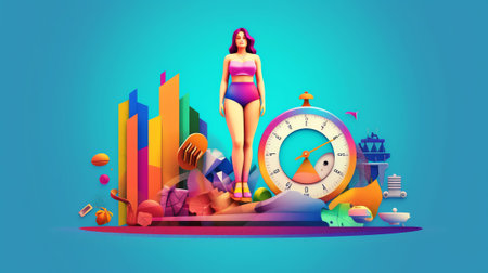 Generative AI Tiny Female Characters Hang on Huge Yo-yo. Effect Mean People Rapidly Gaining Weight after Diet. Failure, Disruption of Healthy Eating and Lifestyle. Weight Control. Cartoon People Vector Illustrationの素材