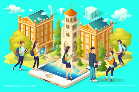 Generative AI Isometric Educational Concept. Online Education, College Town, Graduation with Cap and Students. Vector 3d flat illustrationの素材