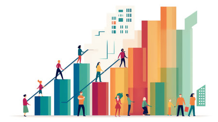 Generative AI Businesspeople Trying to Rise Up Huge Red Arrow Going Down. Woman Sitting above, Man Trying to Move Falling Chart. Financial Crisis, Investment Recession on Stock. Cartoon Flat Vector Illustrationの素材