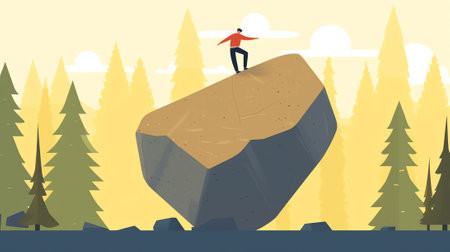 Generative AI People Climb Rock Mountain to Victory Top Flag Landing Page. Sport Adventure Challenge Aim for Trekking Character with Backpack. Alpinist Target Website or Web Page. Flat Cartoon Vector Illustrationの素材