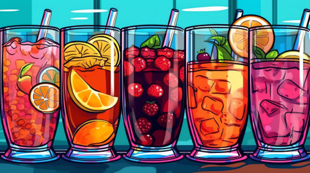 Generative AI People Drink Cold Drinks. Tiny Male and Female Bartenders Characters Cook Different Beverages in Summer Time. Huge Glass Cups with Straw, Fruits, Ice Cubes in Juice Water. Cartoon Vector Illustrationの素材