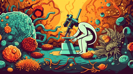 Generative AI Male Character Stand on Ladder Looking on Tiny Bacteria through Huge Magnifying Glass with Microorganisms Floating around. Pandemic Outbreak Laboratory Research. Cartoon Flat Vector Illustrationの素材