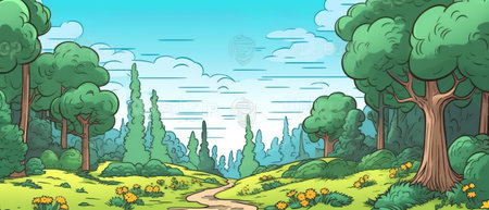 Generative AI Field in Forest or Park with Green Grass, Bushes and Lawn. Garden Place for Games, Meditation and Outdoor Relax. Summer Landscape Background, Nature, Area for Recreation. Cartoon Vector Illustrationの素材