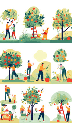 Generative AI Strawberry Farm Workers Care, Picking and Loading Fresh Berries for Distribution. Immigrants or Volunteers Characters Fertilizing and Growing Strawberry on Field. Linear People Vector Illustrationの素材