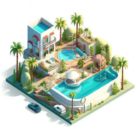Generative AI Beach Vacation Collection with Bungalow, Boat, Palm Trees and Tropical Elements. Isometric vector flat 3d illustrationの素材