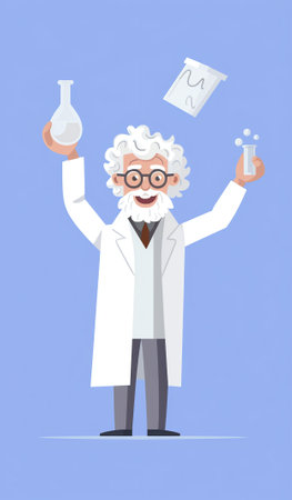 Generative AI Set of Professor Wear Lab Coat and Rubber Gloves. Doctor Character Run, Conduct Experiment, Evil Laughing, Writing Notes and Explode, Old Funny Scientist Man. Cartoon Vector Illustrationの素材