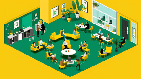 Generative AI Isometric Interior Office Canteen and Relax Area with People. Vector illustrationの素材