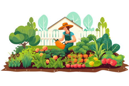 Generative AI Gardener Female Character at Work. Woman Working in the Garden Watering Flowers and Care Plants with Tools. Organic Gardening Concept. Vector flat illustrationの素材