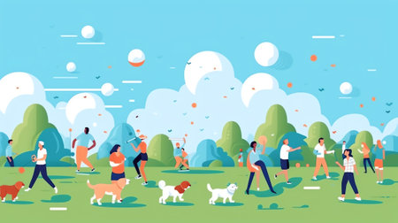 Generative AI People Training Dogs in the Park. Dog Poster, Banner. Characters Walking Outside with Pets. Vector illustrationの素材