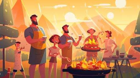 Generative AI Family Grill BBQ Area in the Forest with Active People Cooking Meat and Playing Sports. Isometric City. Vector illustrationの素材