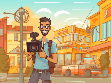 Generative AI Man Photographer with Photo Camera Make Picture. Creative Hobby, Traveling or Professional Occupation Concept. Male Character Rest Abroad Shooting Life Memory Moments. Cartoon Vector Illustrationの素材