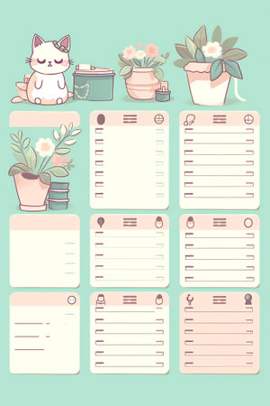 Generative AI Cartoon Task Planners, Cute Paper Sticky Notes, Banners, To Do List Or Memo Message Notepads Paper Sheets. Blank Schedule. Bookmarks. Colorful Notepaper for Kids, School or Office Isolated Vector Setの素材