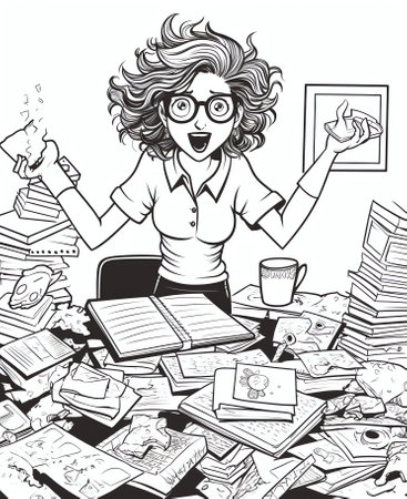 Generative AI Pop Art Multitasking Busy Business Woman at Office Work. Vector illustrationの素材