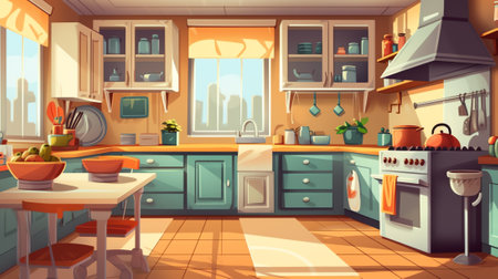 Generative AI Modern Kitchen Empty Interior with Appliances and Furniture. Table, Oven, Range Hood and Utensil. Desk with Cooking Pan on Stove and Products Eggs, Milk, Flour and Pumpkin. Cartoon Vector Illustrationの素材