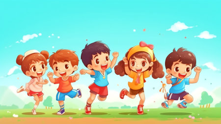 Generative AI Set of Stickers Children Boys and Girls Characters Play Hopscotch Game at House Yard. Friends Spend Time Together on Playground. Happy Kids Summer Vacation Activity. Cartoon People Vector Illustrationの素材