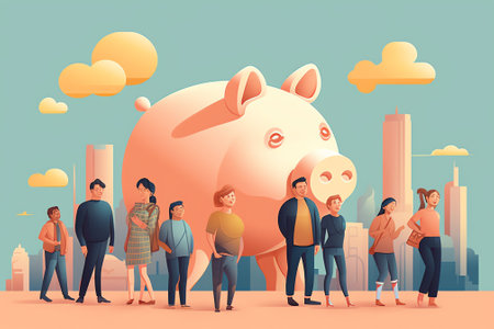 Generative AI Saving Money Concept. Business Characters Collecting Golden Coins into the Pink Piggy Bank. Wealth, Budget and Earnings. Vector illustrationの素材