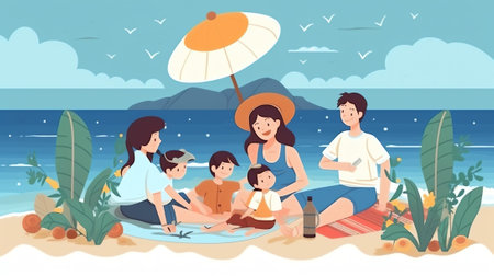 Generative AI Father and Children Playing Beach Volleyball on Sea Shore. Happy Family Vacation Leisure. Characters Dad and Kids Summer Active Game and Recreation at Ocean Shore. Cartoon People Vector Illustrationの素材