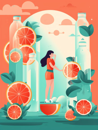 Generative AI Athletic Beautiful Sportswoman Character on Diet Stand on Scales Drinking Water from Bottle Refreshing after Fitness Sports Activity. Healthy Lifestyle, Dieting Concept. Cartoon Vector Illustrationの素材
