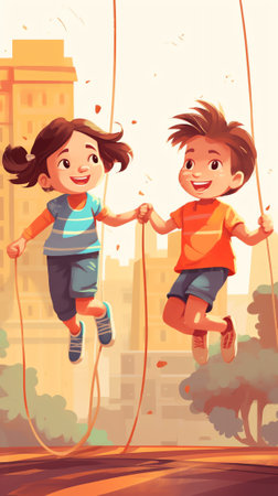 Generative AI Children Play Hopscotch Game Landing Page Template. Happy Kids Summer Vacation Activity. Boys and Girls Friends Characters Spend Time Together on Playground. Cartoon People Vector Illustrationの素材