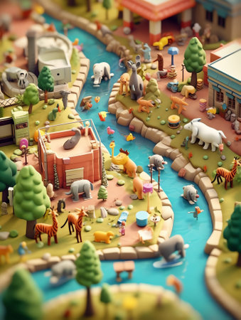Generative AI People in Outdoor Zoo Park with Animals. Isometric vector flat 3d illustrationの素材
