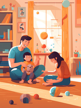Generative AI Happy Family Playing Board Game at Home. Vector illustrationの素材