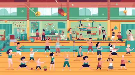 Generative AI Welcome Circus Show with Clown Acrobat Aerialists and Animal Set. Woman Juggler Balance on Unicycle. Strongman Lift Weights. Trained Lion in Arena with Trainer. Flat Cartoon Vector Illustrationの素材