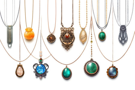 Generative AI Set Necklace, Beads Jewelry of Gold Metal and Rocks Isolated on White Background. Bijoux for Women, Boho Bijouterie Precious or Semi-precious Gem Stones, Jewels. Cartoon Vector Illustration, Iconsの素材