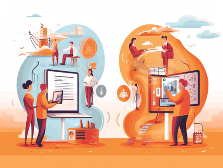 Generative AI Digital Advertising Marketing Landing Page Set. Business Character Social Communication Concept. Online Media Strategy for Website or Web Page. Flat Cartoon Vector Illustrationの素材