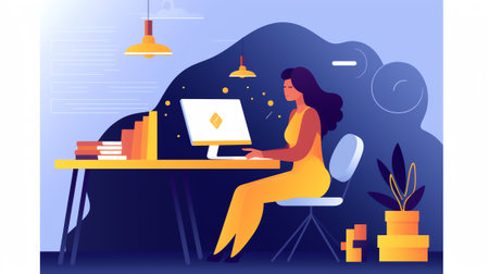 Generative AI Multitasking Stressed Business Woman in Office Work Place. Vector illustrationの素材