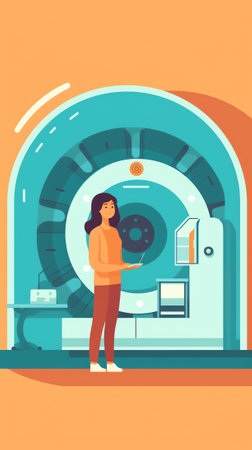 Generative AI Man Patient Check Xray Mri Health Concept. Medical Radiology Screen Machine for X Ray Radiation Skeleton Chest Checkup. Character Scan Bone in Radiographer Equipment Flat Cartoon Vector Illustrationの素材