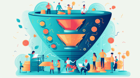 Generative AI Hype, Social Media Viral or Fake Content Spreading Concept. Tiny Male and Female Characters with Huge Letters in Hands and Megaphone. Money Bills Flying around. Cartoon Vector People Illustrationの素材