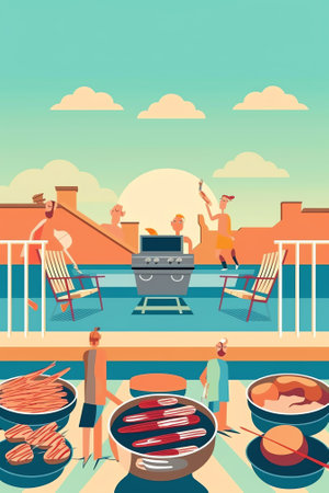 Generative AI Family or Friend Characters Spend Time on Outdoor Bbq. People Cooking and Eating Sausages and Meat with Vegetables on Front Yard Having Barbecue Fun at Summer Time Vacation. Linear Vector Illustrationの素材