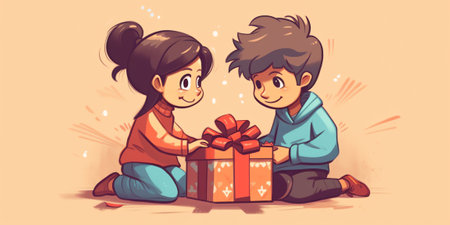 Generative AI Young Man Giving Present to Happy Surprised Woman on Valentines Day or Birthday. Human Relations, Loving Couple Gift. Male and Female Characters Friendship or Love. Cartoon Flat Vector Illustrationの素材