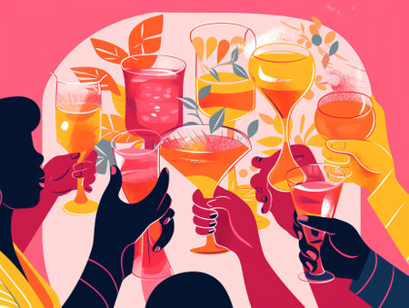Generative AI Party Celebration, New Year, Corporate or Birthday Event. Group of Cheerful Drunk People in Festive Dresses with Wineglasses in Hands Drink Champagne, Celebrating Holiday. Cartoon Vector Illustrationの素材