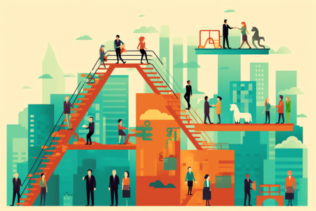 Generative AI Flat Business People Climbing Up The Stairs. Career Ladder with Characters. Team Work, Partnership, Leadership Concept. Vector illustrationの素材