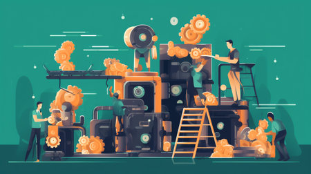Generative AI Tiny Business Characters with Gears at Huge Cyborg Head. Artificial Intelligence, Machine Learning and Training Concept. Rpa, Robotic Process Automatization, Ai. Cartoon People Vector Illustrationの素材