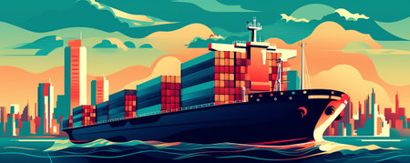 Generative AI Shipping Port with Harbor Crane Loading Containers to Marine Freight Boat. Seaport Workers Carry Boxes from Truck in Docks near Lighthouse. Global Maritime Logistic. Cartoon Flat Vector Illustrationの素材