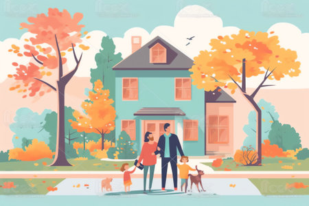 Generative AI Happy Family Moving into New House. Mother, Father and Little Son Carry Boxes and Things to Home. People Buying Real Estate Apartments for Living, Relocation Process Cartoon Flat Vector Illustrationの素材
