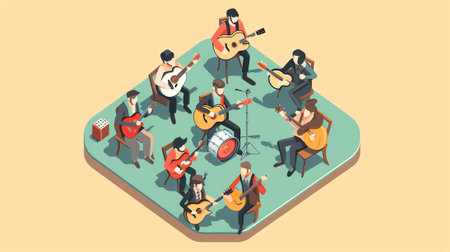 Generative AI Characters Playing Music, Musicians with Stringed Instruments Performing on Stage with Violin, Harp, Guitar or Balalaika, Artist Orchestra Concert, Folk Performance. Cartoon People Vector Illustrationの素材