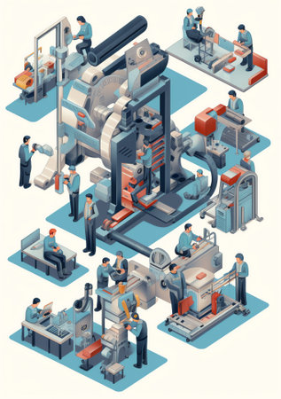 Generative AI Characters Work on Textile Production Factory. Workers at Automated Machine for Yarn Producing. Manufacturing of Cotton Fibers Wrapping Machine Screwed on Big Shaft. Cartoon People Vector Illustrationの素材