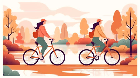 Generative AI Young Woman Character Riding Bicycle with Flowers in Front Basket on Park Background. Active Girl Enjoying Bike Ride Open Air. Healthy Lifestyle, Eco Transportation. Cartoon Flat Vector Illustrationの素材