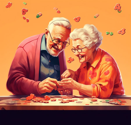 Generative AI Male and Female Senior People Spending Time in Nursing Home Engaging Hobby Listening Music, Painting, Playing Chess, Knitting. Elderly Characters Having Leisure Fun. Cartoon Flat Vector Illustrationの素材