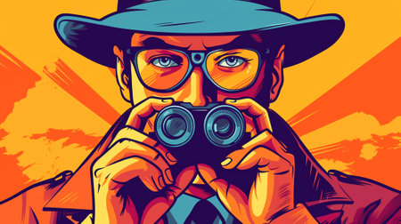 Generative AI Police Detectives, Private Investigators at Work Solving Crimes. Top Secret Undercover Agents, Spies in Classic Hats and Cloaks Investigating with Magnifier Glass and Gun. Flat Vector Illustrationの素材