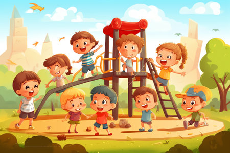 Generative AI Happy Family with Kids Outdoors Fun Set. Children Sliding on Outdoor Playground, Playing on Slide, Active Games on Street. Summer Leisure Vacation Holidays Spare Time Cartoon Flat Vector Illustrationの素材
