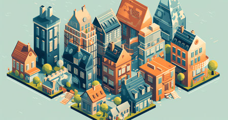 Generative AI Isometric City Buildings Set. Modern Houses and Cottages with Flowers. Vector illustrationの素材