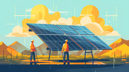 Generative AI Electrical Utility Delivery of Energy to Consumer. Electricity Transmission and Distribution. Character Installation Solar Panel and Maintenance Wind Turbine. Flat Cartoon Vector Illustrationの素材