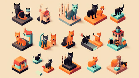 Generative AI Isometric Domestic Animals Pets with Cat, Dog, Hamster and Rabbit. Vector 3d flat illustrationの素材